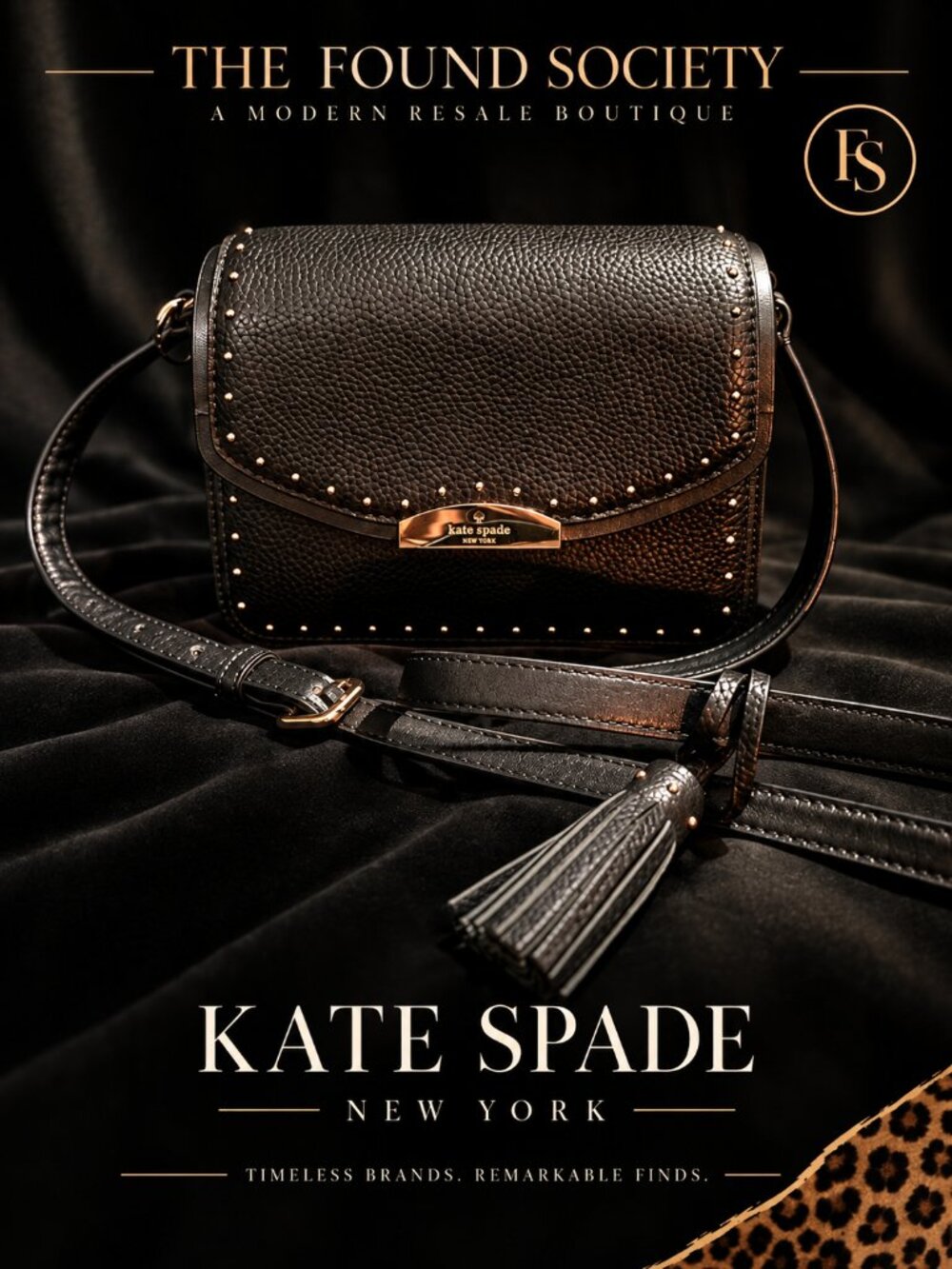 Kate Spade Black Pebbled Leather Studded Crossbody Bag Tassel